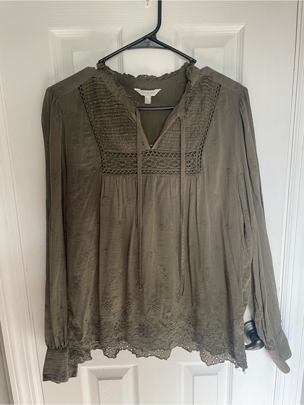 Lucky Brand Olive Green Embroidered Peasant Tunic ~ RUNS SMALL